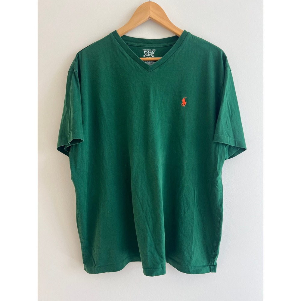 Polo Ralph Lauren V-Neck Tee Mens L Forest Green Orange Pony Classiccore Cotton